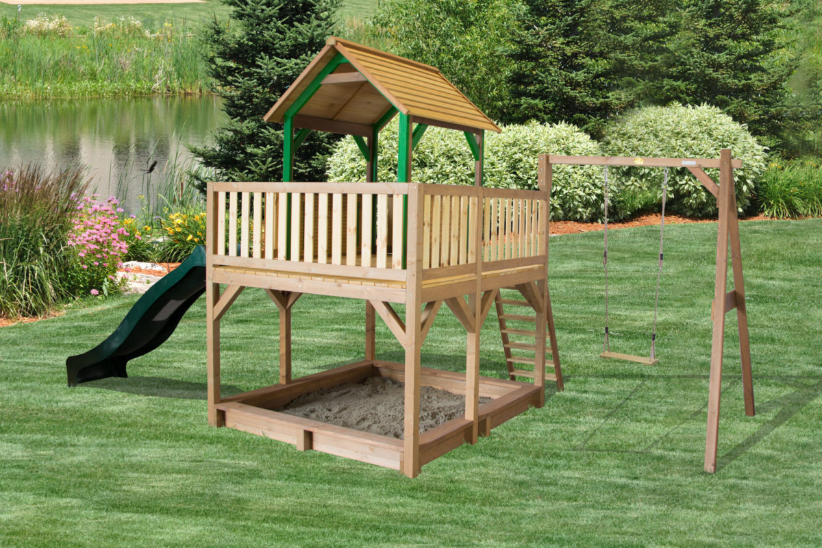 Kinderspielturm Atka mit großer Rutsche (Schaukel optional) Bock